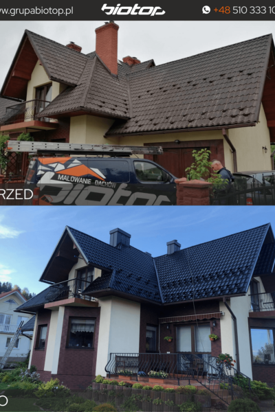 malowanie-blachodachowki-Krakow-Katowice-biotop Metamorphose vor und nach dem Streichen der Blechdachziegel