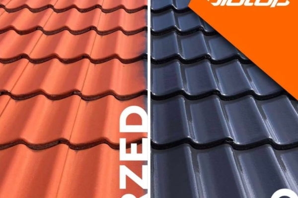 malowanie dachówki betonowej na kolor grafitowy antracytowy w Piasecznie farbą nakładaną na gorąco ROYAL