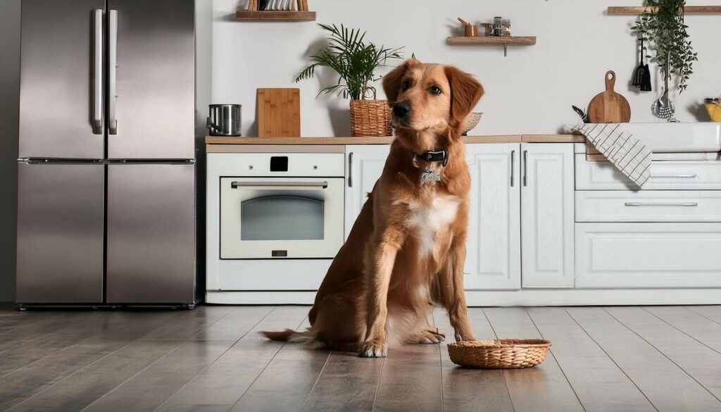 ein Hund mit einem Napf auf dem Boden, ein Beispiel für einen haustierfreundlichen Flüssigkeitsfilm